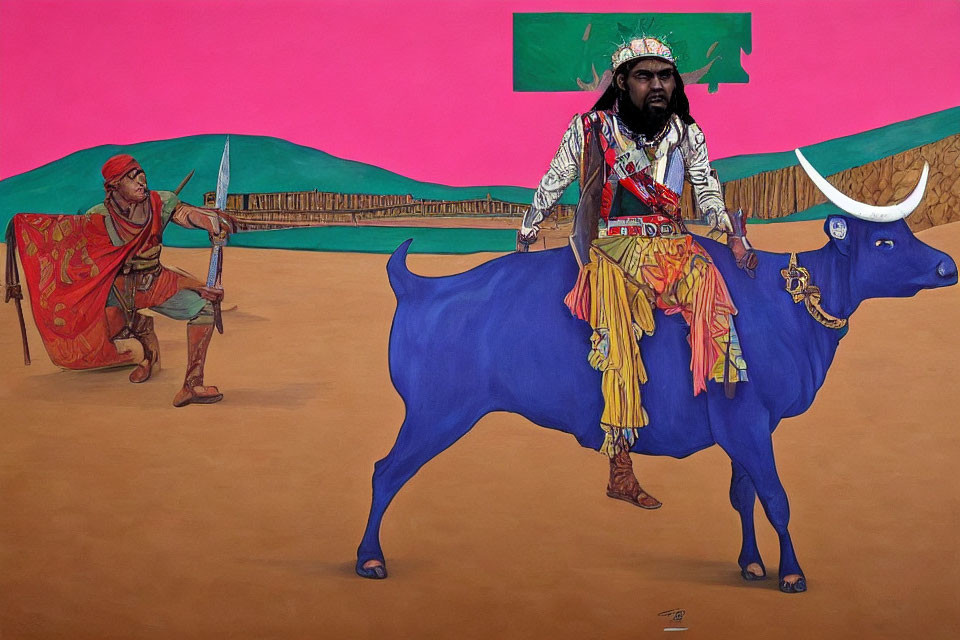 Elaborately dressed person rides blue bull with spear-wielding companion on pink background