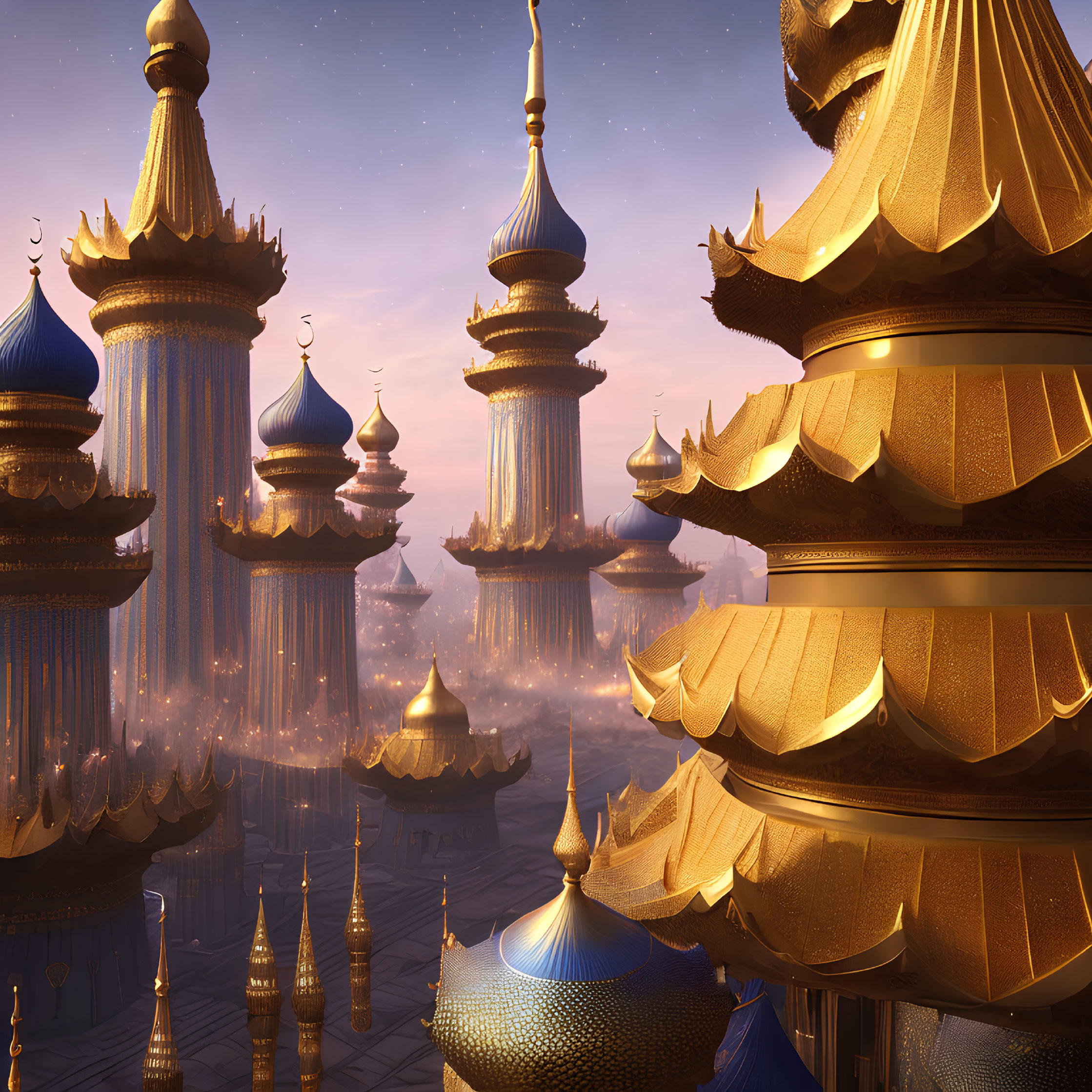 Ornate golden-domed cityscape under celestial sunset glow