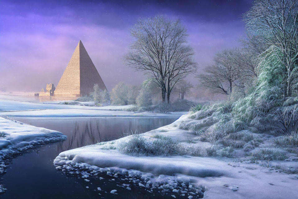 Snowy Winter Landscape with River, Trees, Night Sky, and Pyramid Structure