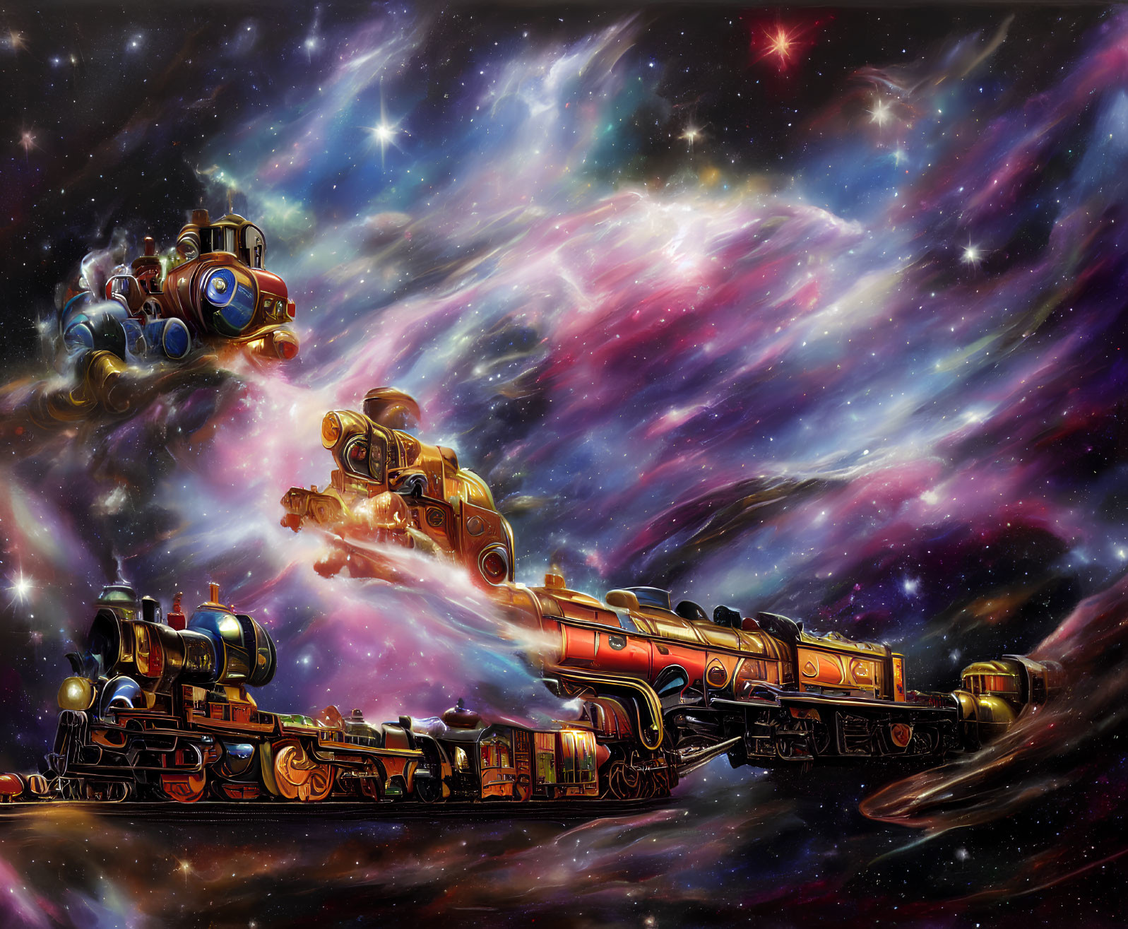 Fantastical steampunk galaxy scene with soaring trains