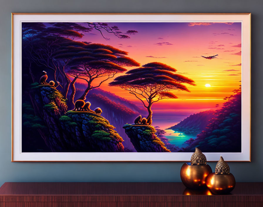 Purple-Hued Sunset Painting with Peacocks Overlooking Sea