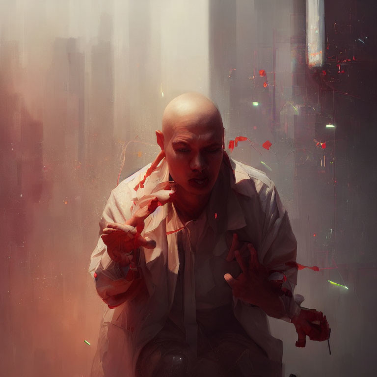 Bald Person in White Shirt Manipulating Unseen Forces in Red Environment