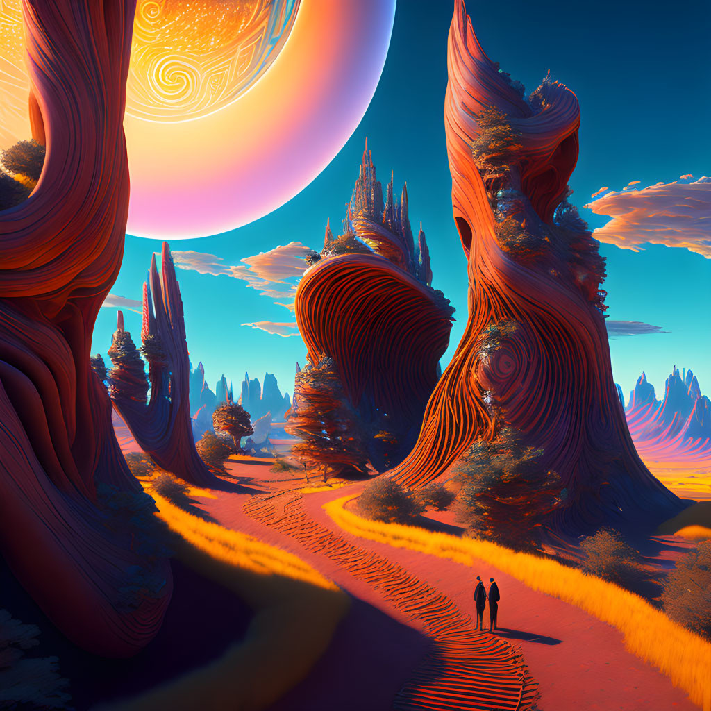 Two people on winding path under alien sky with multiple moons.