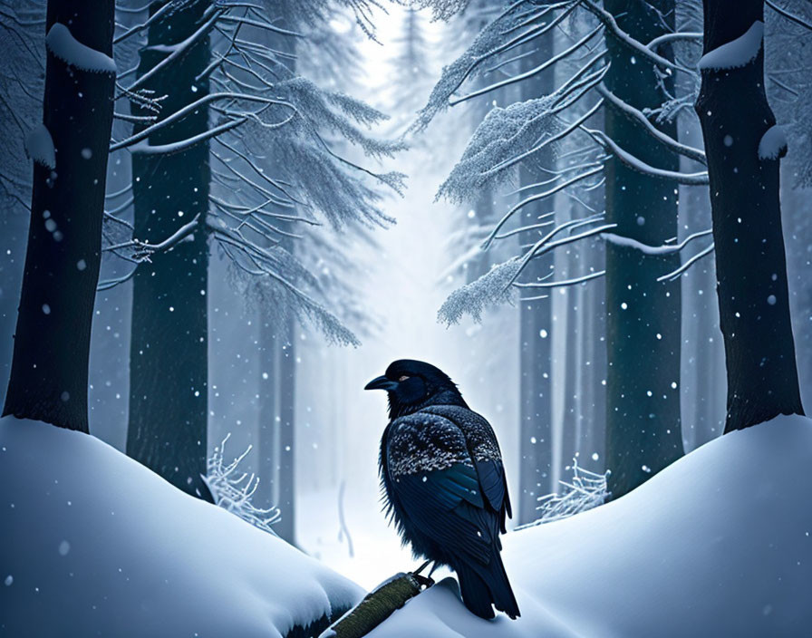 Raven on snow-covered branch in serene snowy forest