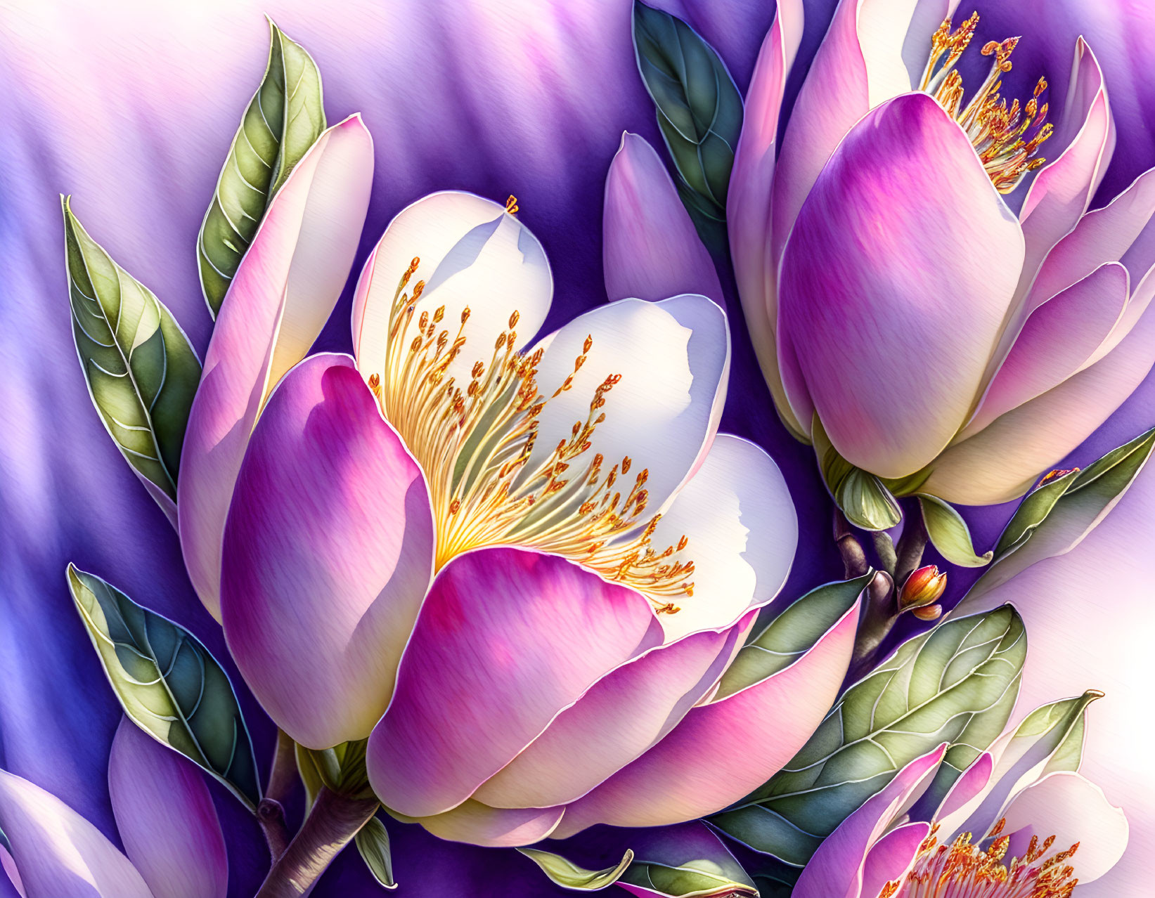 Vibrant Purple and White Magnolia Flowers Digital Art