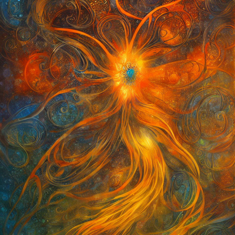 Colorful Abstract Painting with Swirling Orange, Blue, and Gold Patterns