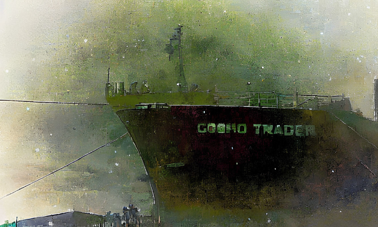 Vintage textured digital painting of "Cosmo Trader" ship bow in muted green and brown.