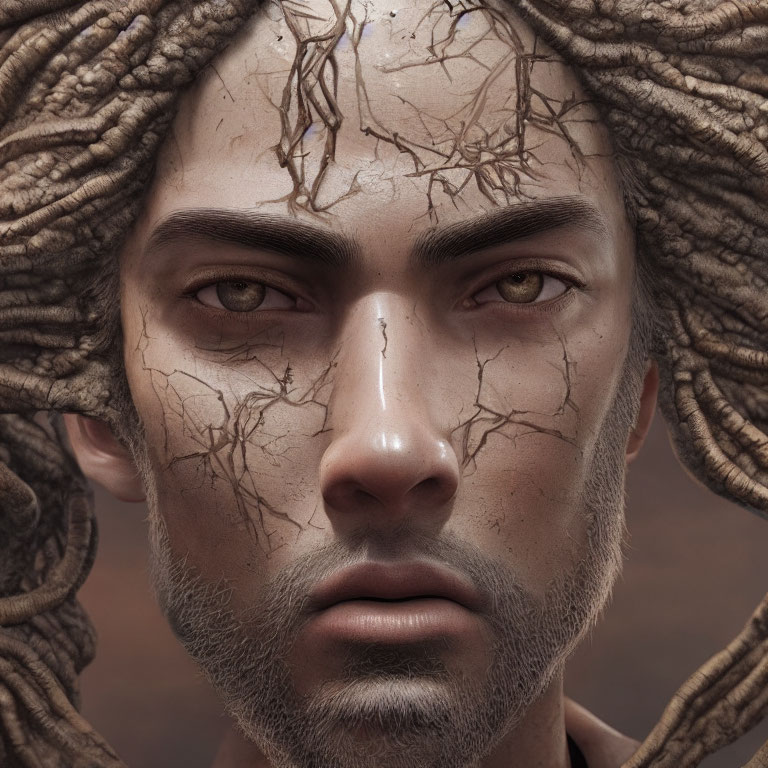 Detailed close-up: stoic male face with cracked skin, desert-like texture, intertwined branches.