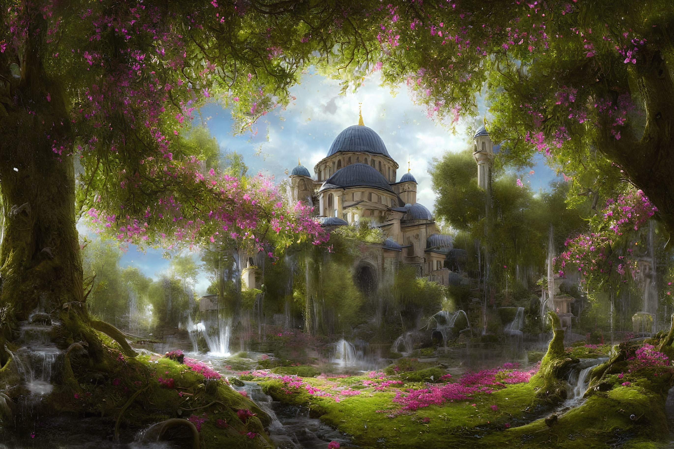 Fantasy landscape with domed structure, waterfalls, and pink flowers