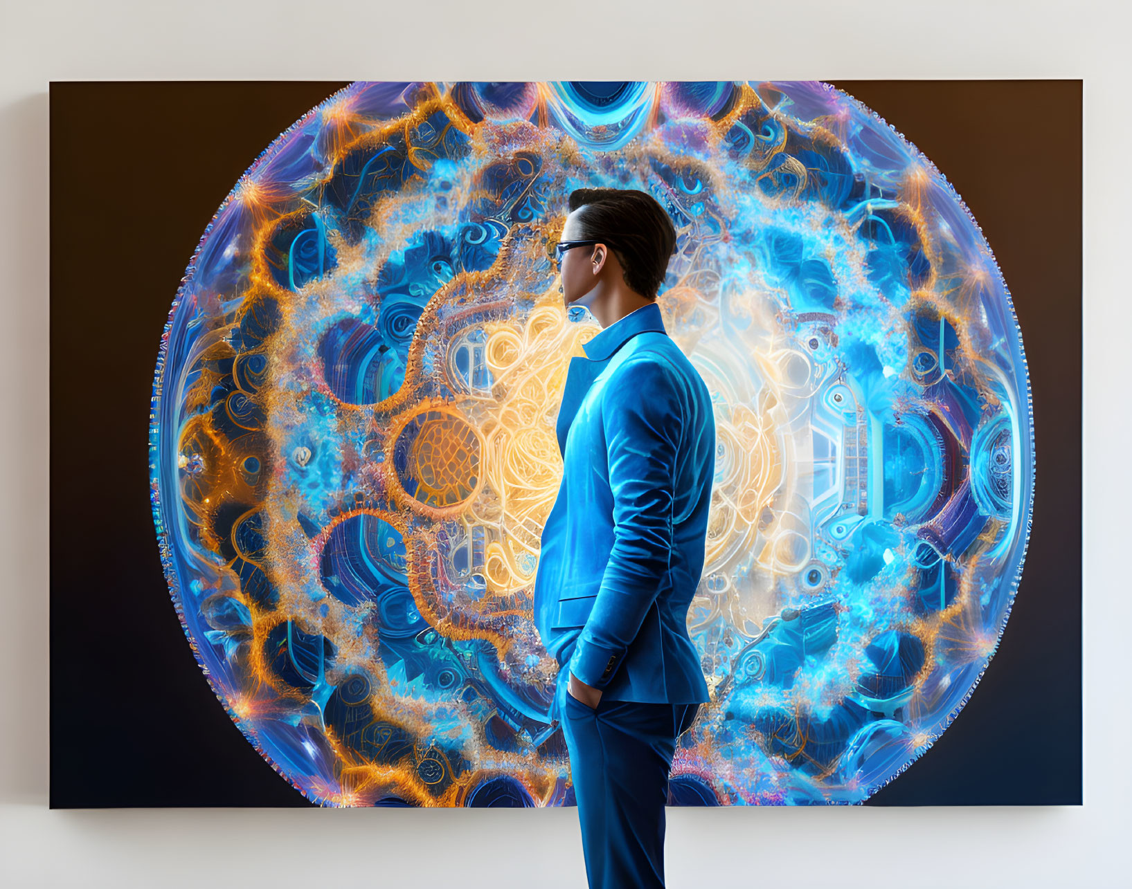 Man in Blue Suit Observing Intricate Abstract Artwork