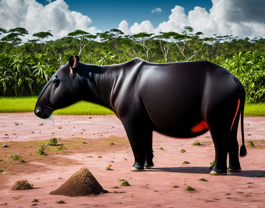 Exaggerated tapir illustration in tropical setting