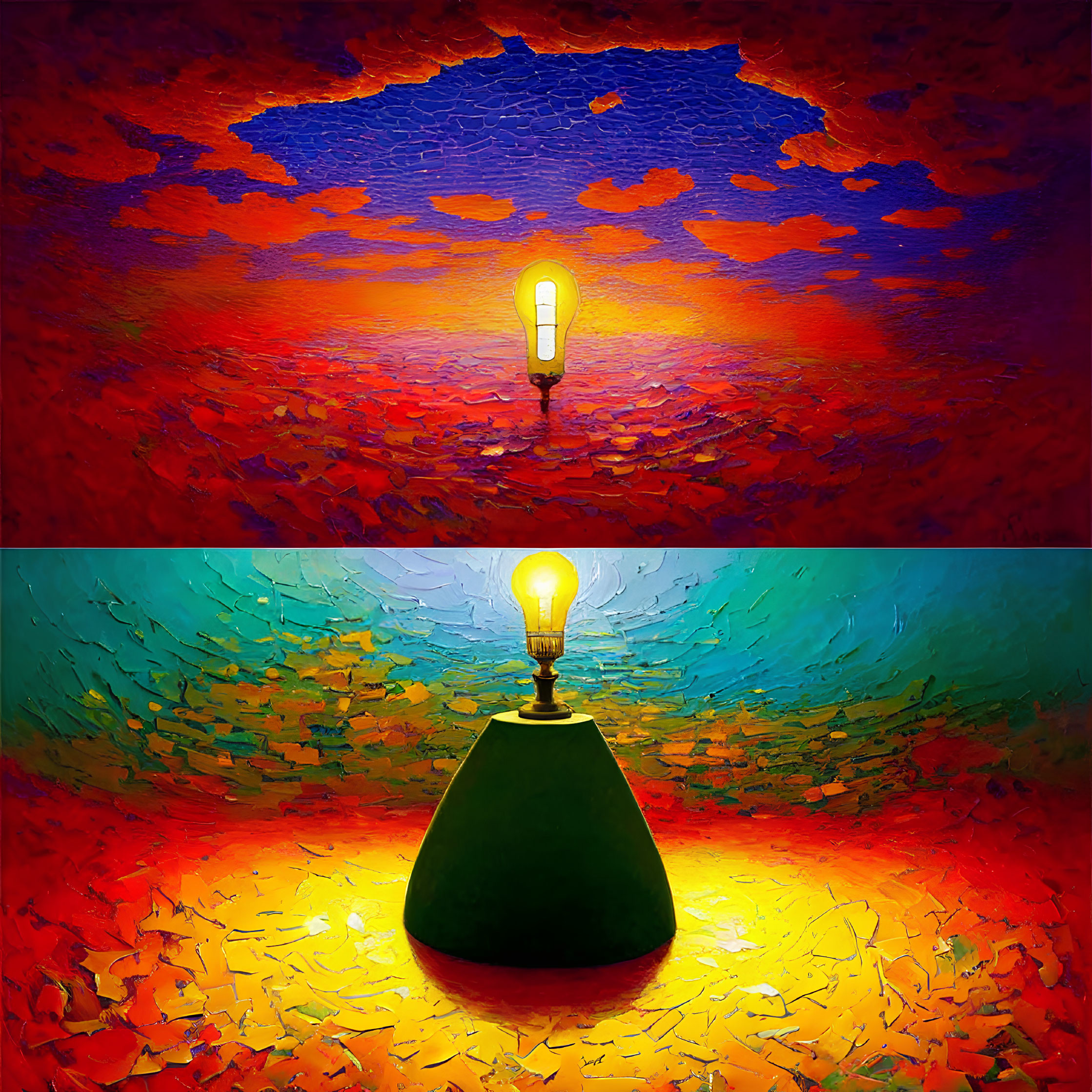 Colorful split painting of glowing light bulb on abstract backgrounds