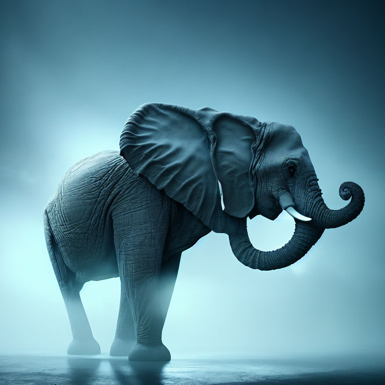 Majestic elephant in misty blue setting with curled trunk and prominent tusks