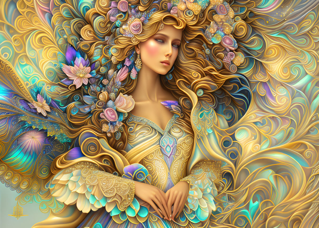 Fantasy illustration of woman with golden hair and floral adornments