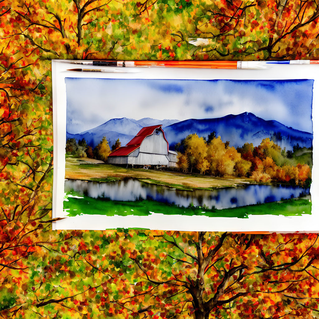 Scenic red barn painting by lake with misty mountains and autumn leaves