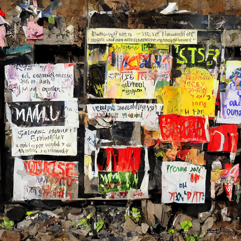 Colorful Layered Posters on Rough Stone Wall