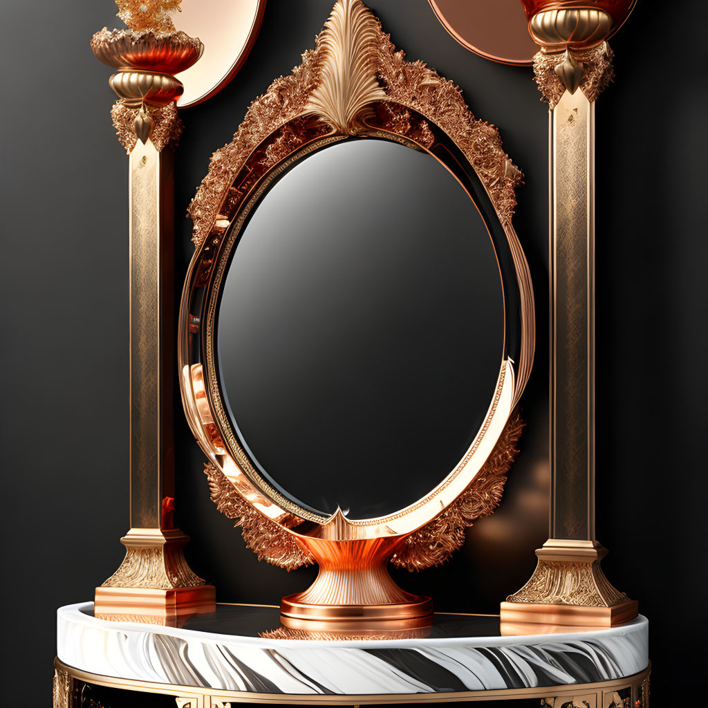 Elaborate Golden Oval Mirror on Marble Console Table with Gilded Candlesticks