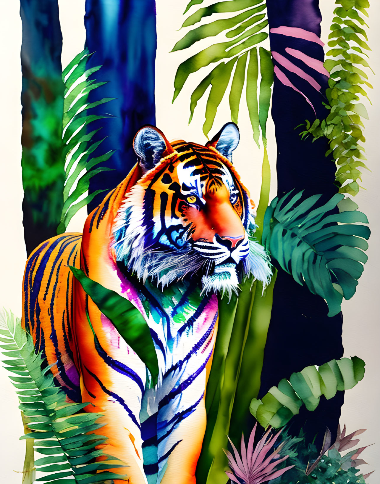 Colorful Tiger Illustration Among Tropical Foliage