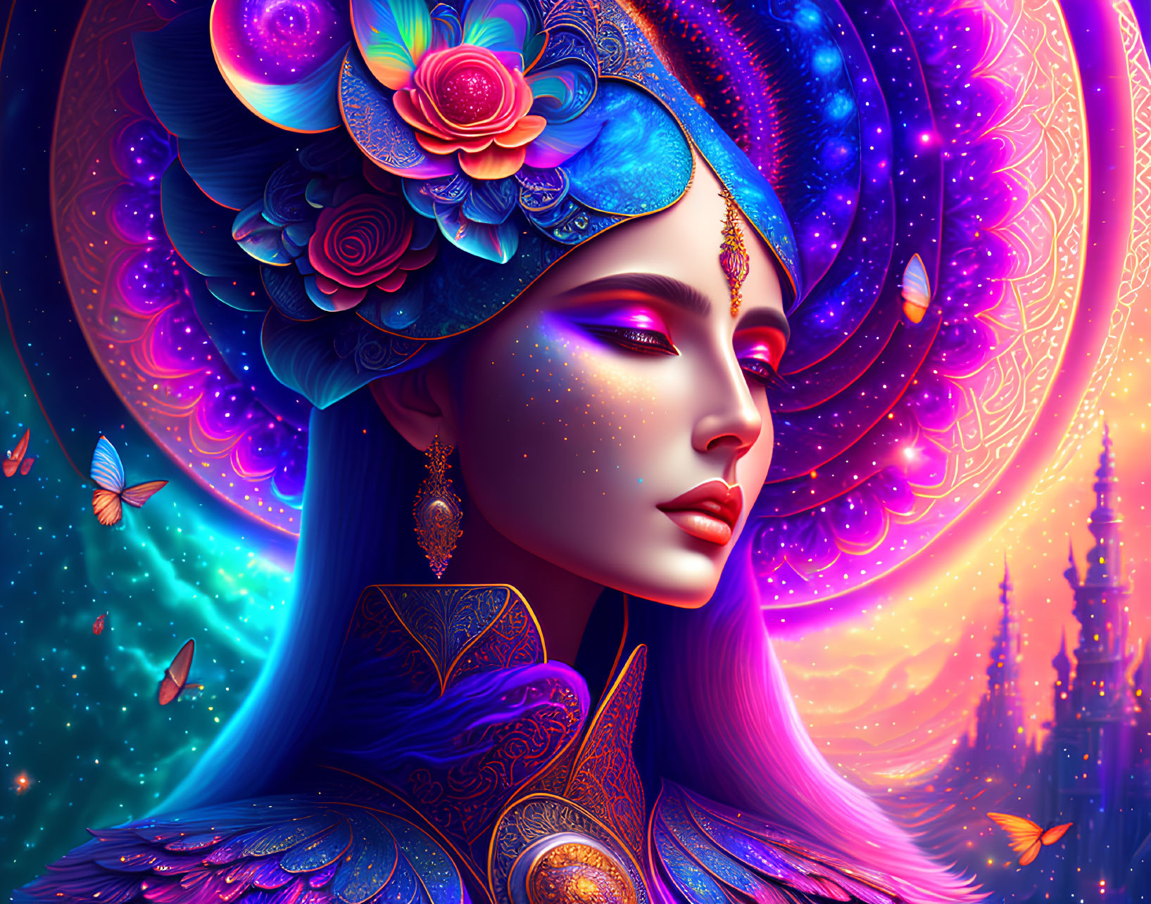 Colorful Digital Artwork of Woman in Ornate Attire Against Cosmic Background