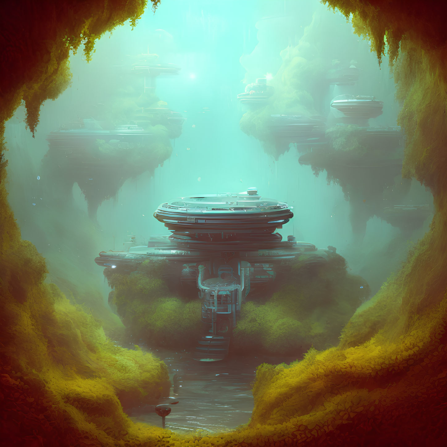 Mystical floating city among high cliffs in golden mist