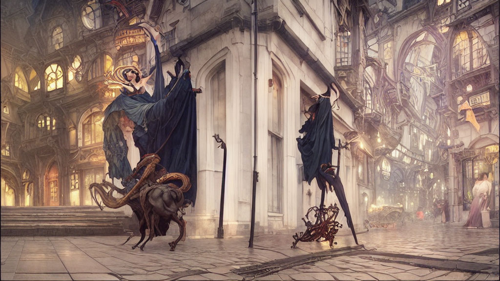 Fantastical scene featuring characters in bustling cityscape