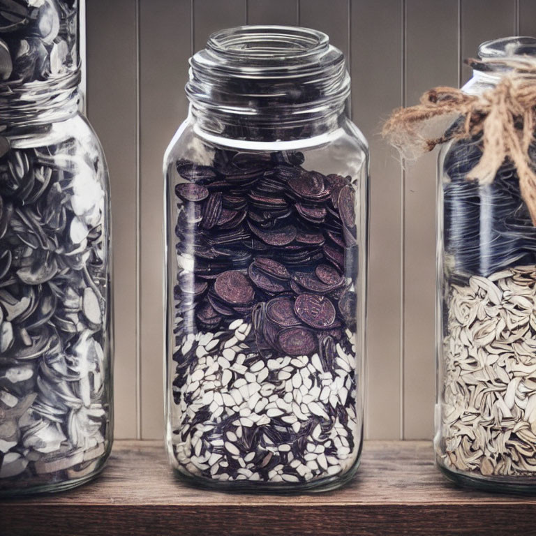 Glass jars on shelf displaying black, white, and striped seeds