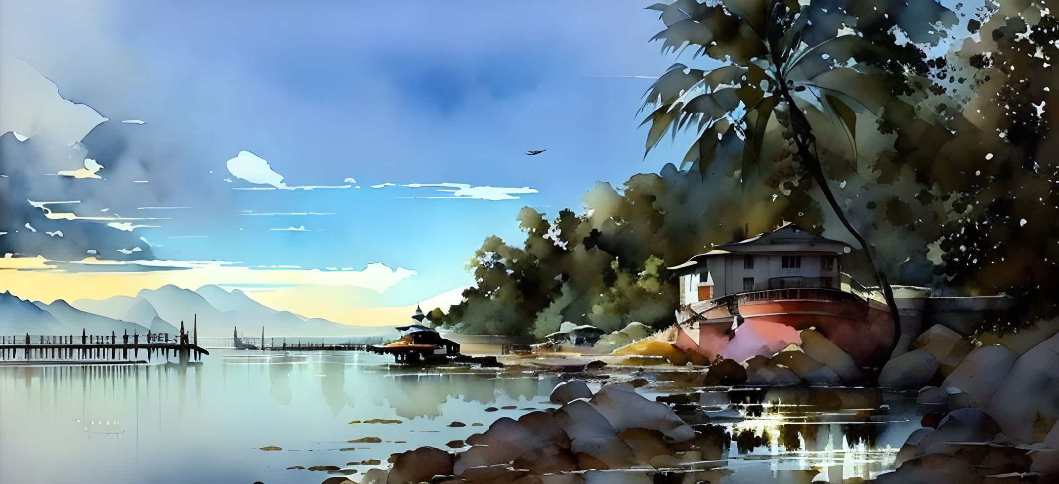 Tranquil riverside watercolor with cabin, boat, foliage, and mountain scenery