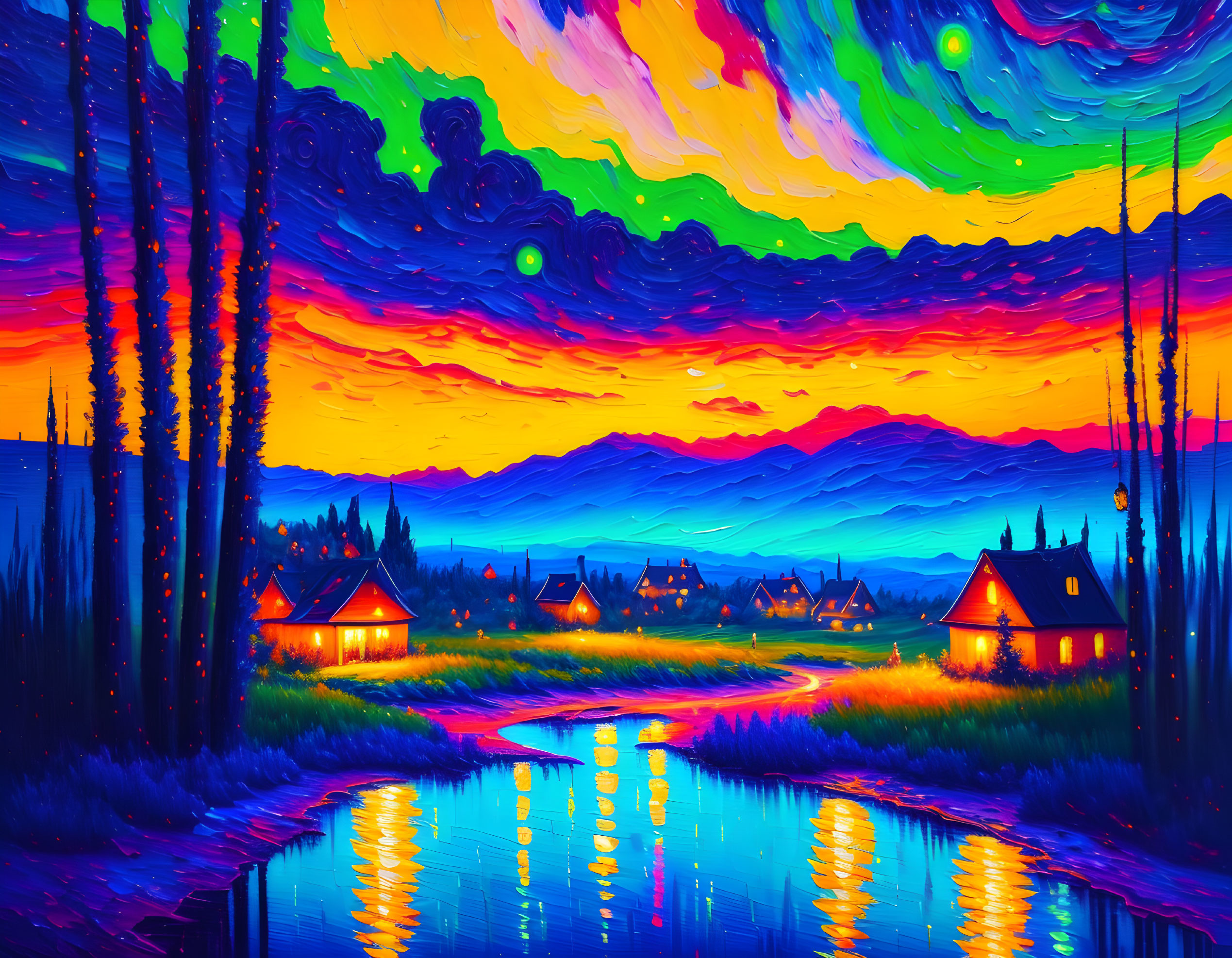 Colorful Landscape Painting: Illuminated Cottages by Reflective River