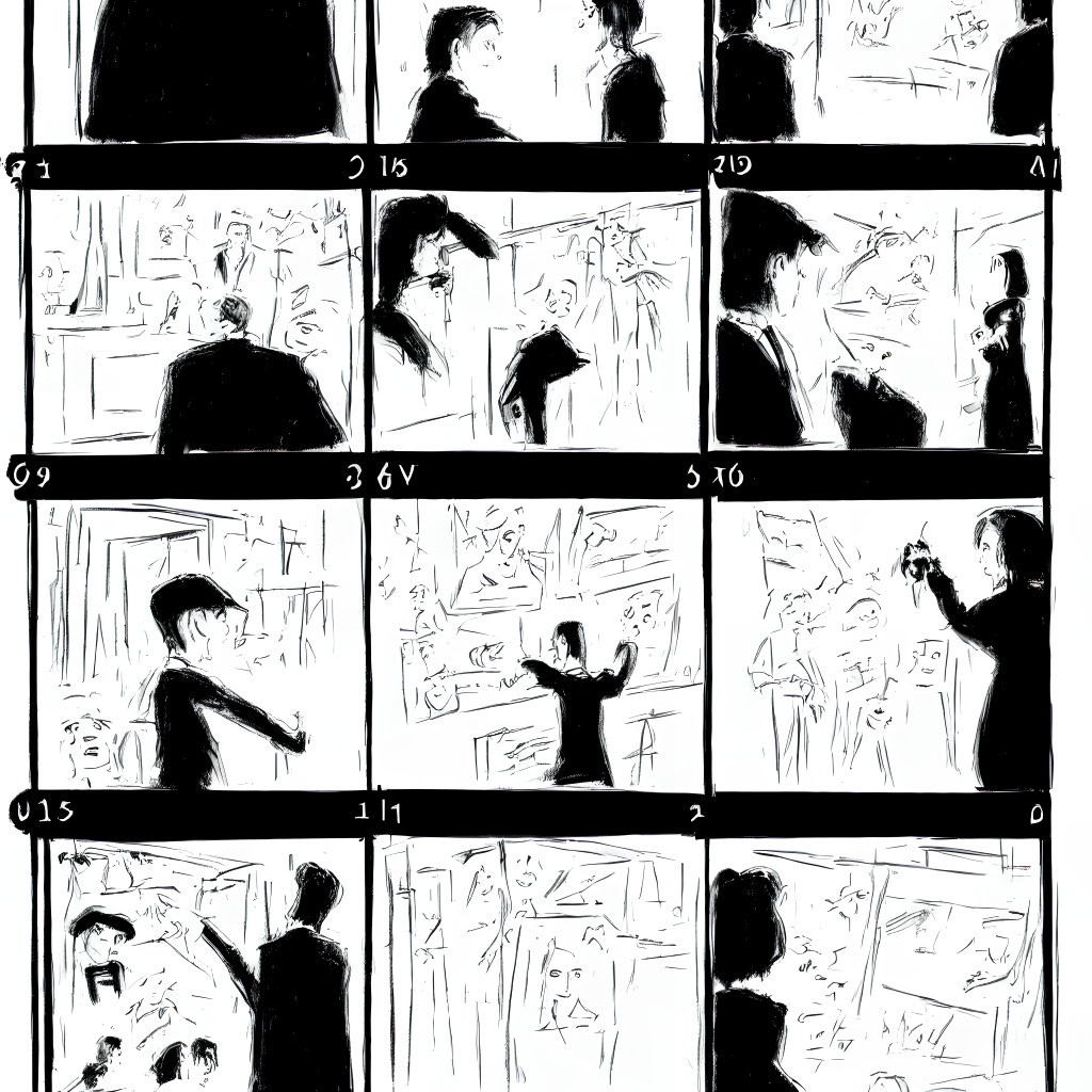 Storyboard Sequence: Person Presenting at Whiteboard with Audience Interactions