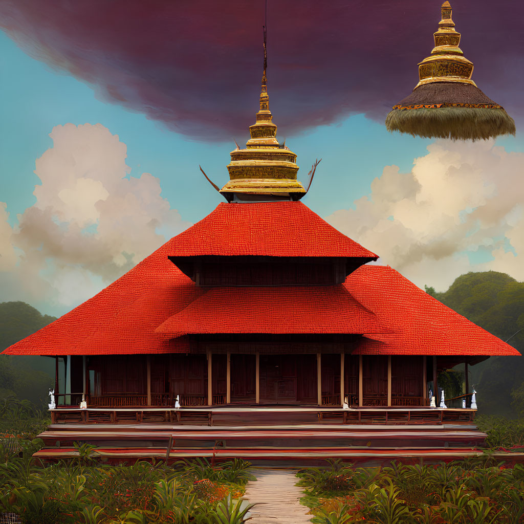 Traditional Thai-style Temple with Red Tiered Roof and Golden Spires