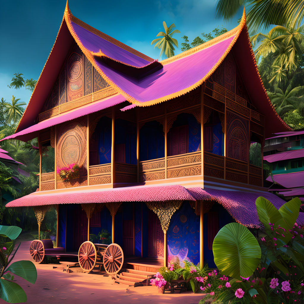 Vibrant purple roof on traditional wooden two-story house surrounded by lush tropical vegetation