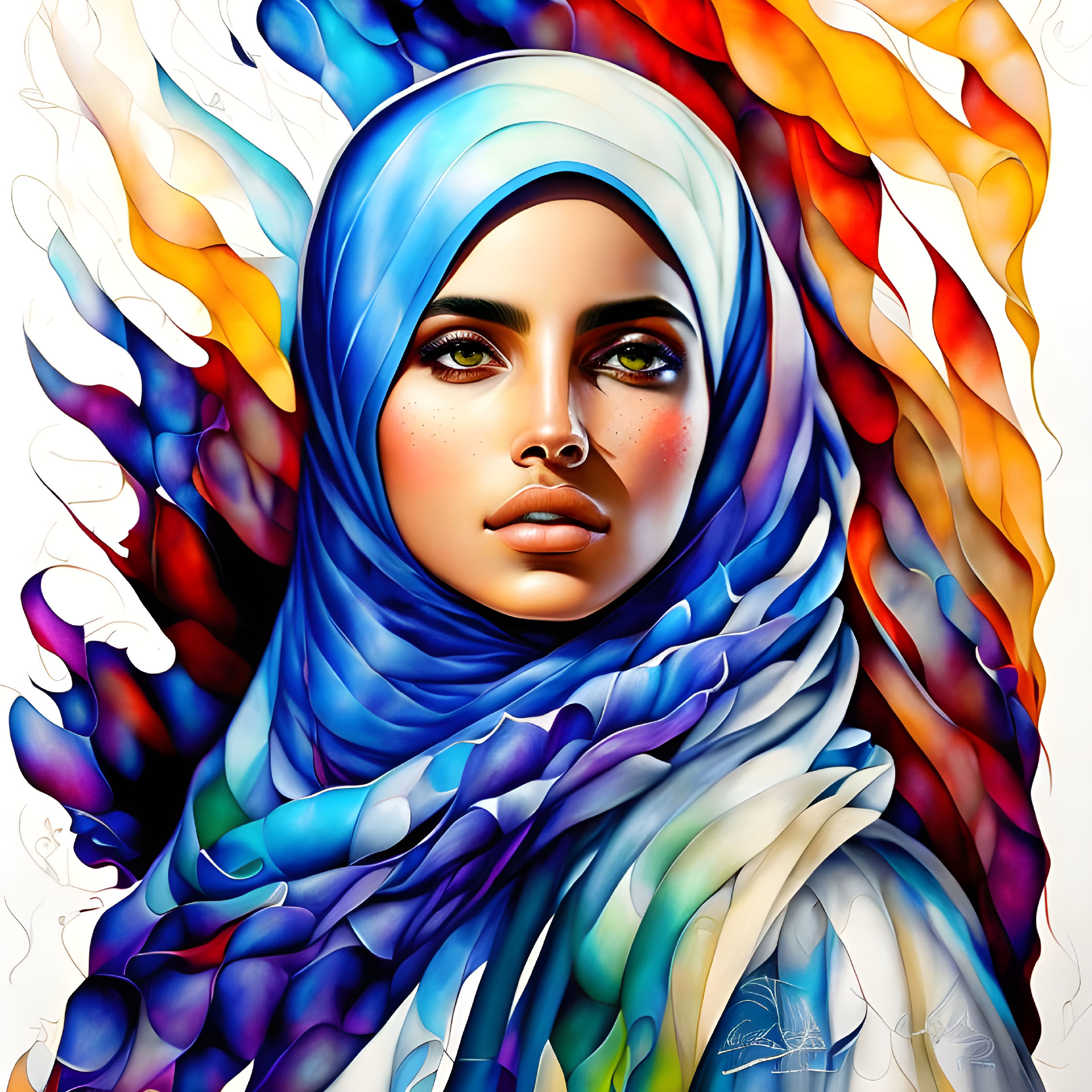 Vibrant digital artwork: Woman in blue hijab with fiery patterns