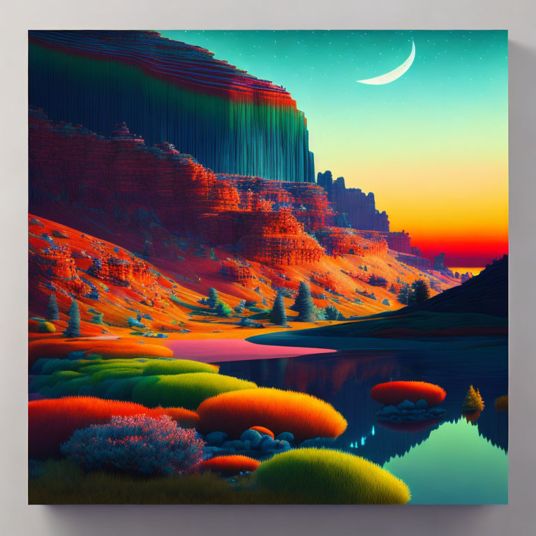 Vibrant surreal landscape: waterfall, crescent moon, reflective lake