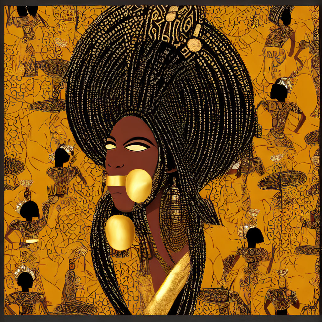 Illustration of person with ornate hair decoration and large earrings on golden background