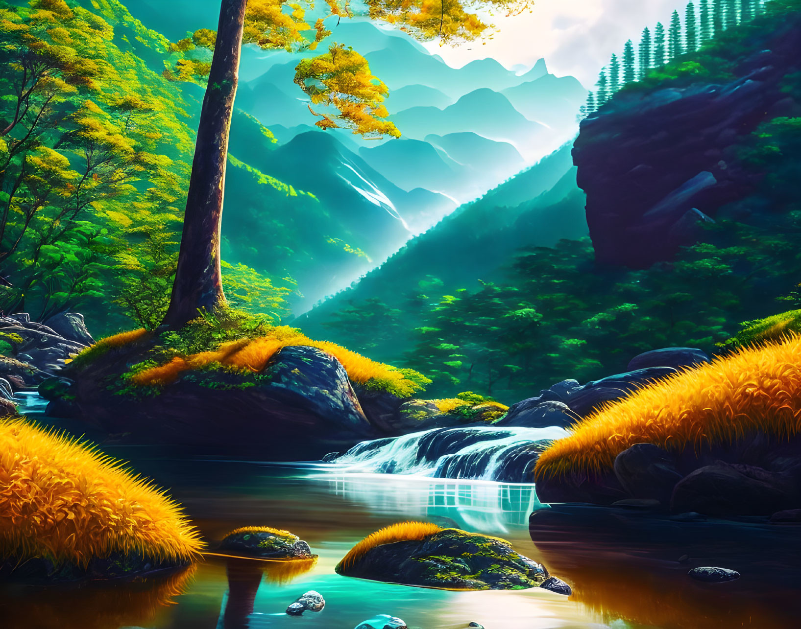 Serene forest landscape with golden foliage, stream, sunbeams, mountains, and moss-covered rocks
