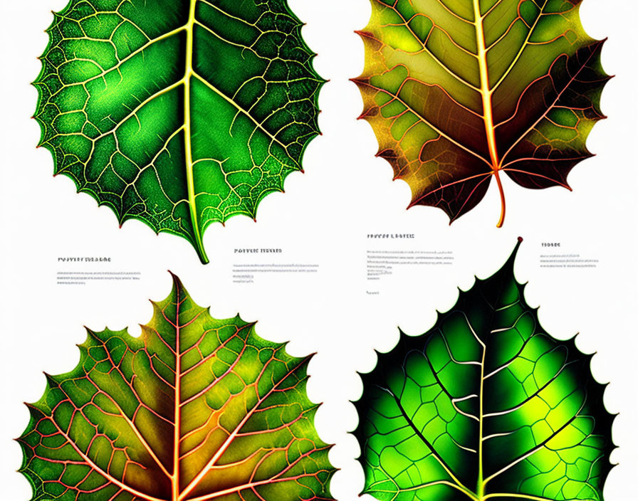 Vibrant multi-colored leaves with detailed venation on white background