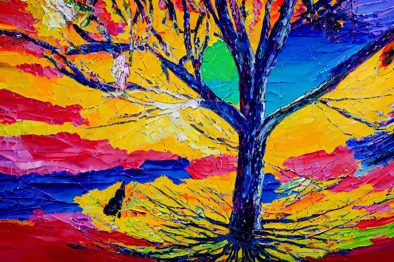 Vibrant painting: Colorful tree with red, yellow, and blue hues