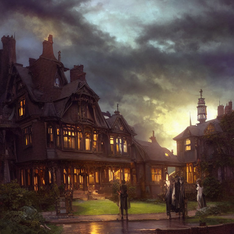 Victorian-style mansion in stormy sky with warm lights and people in period attire