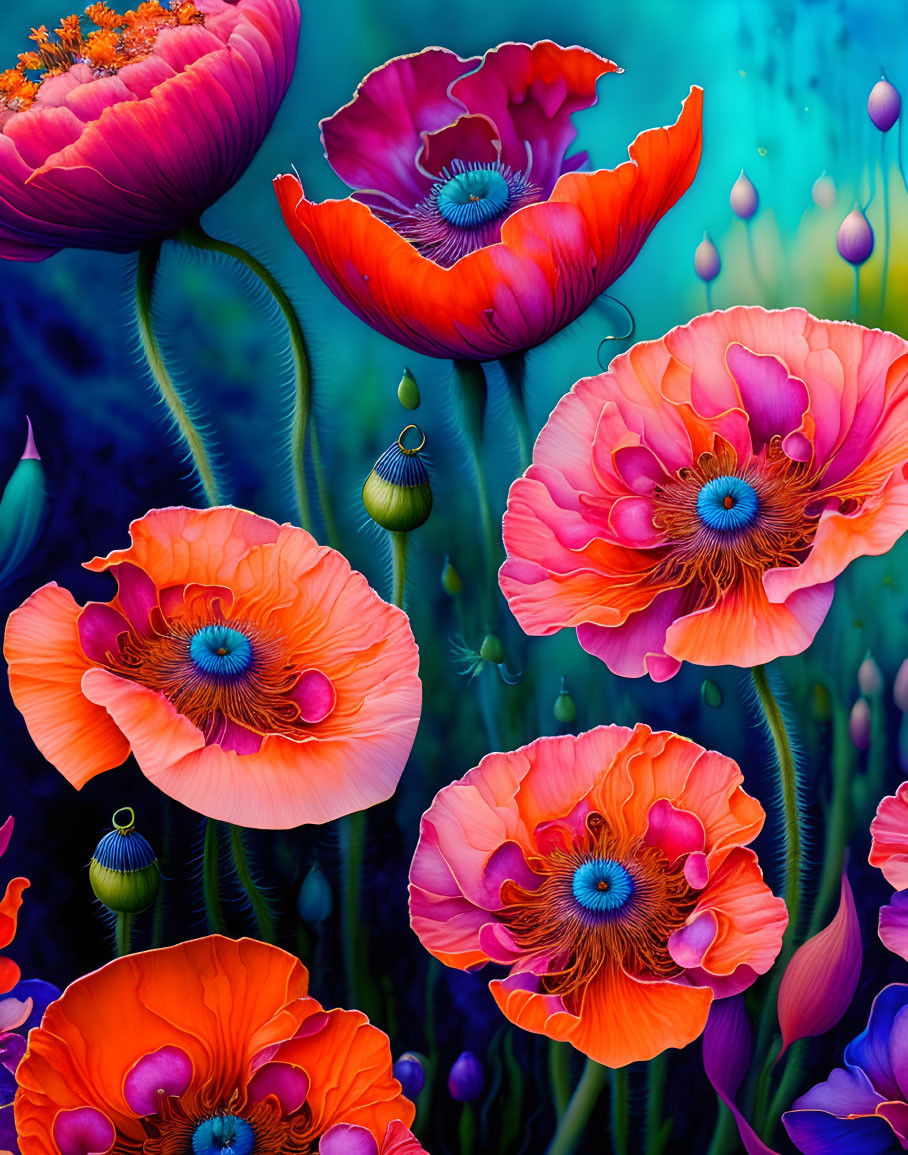 Colorful digital artwork featuring red and orange poppies on a blue and green backdrop