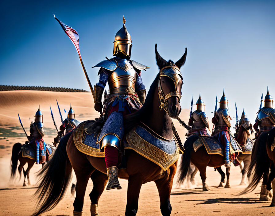 Armored knights on horseback with lances in blue and gold in desert setting