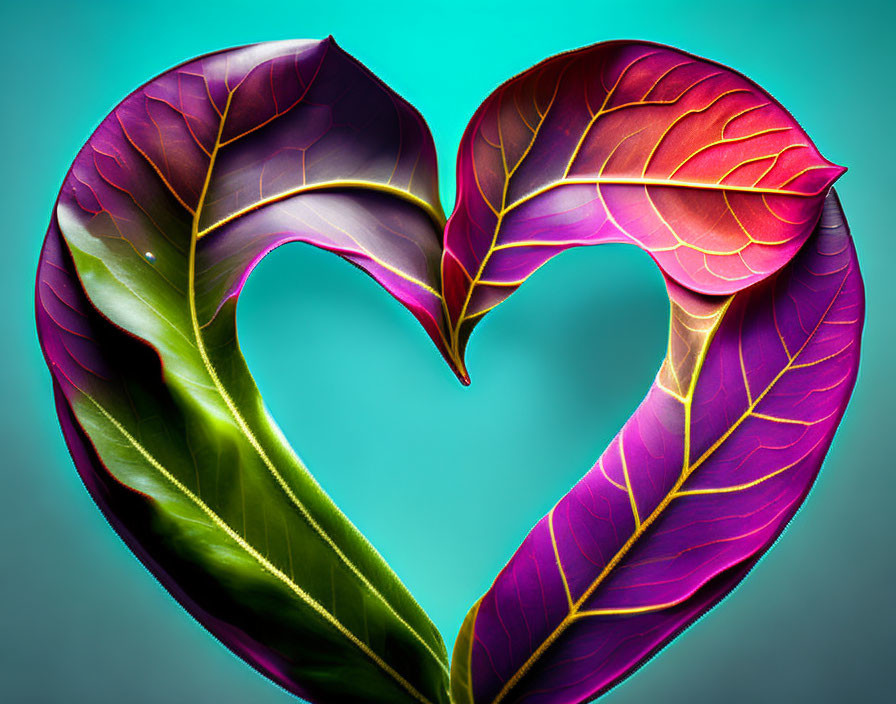 Vibrant Leaves Form Heart Shape on Teal Background