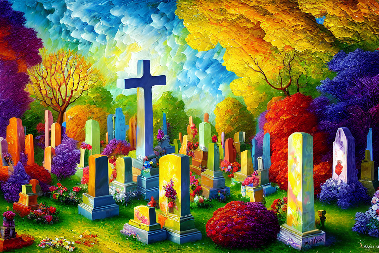 Colorful cemetery painting with trees, tombstones, flowers, and central cross