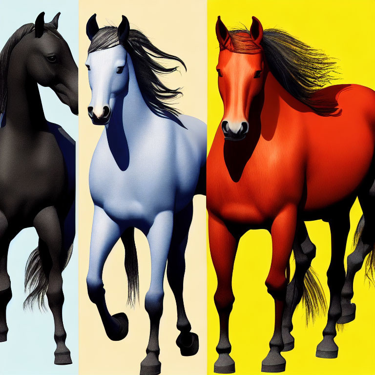 Stylized horses in black, blue, and red on contrasting backgrounds