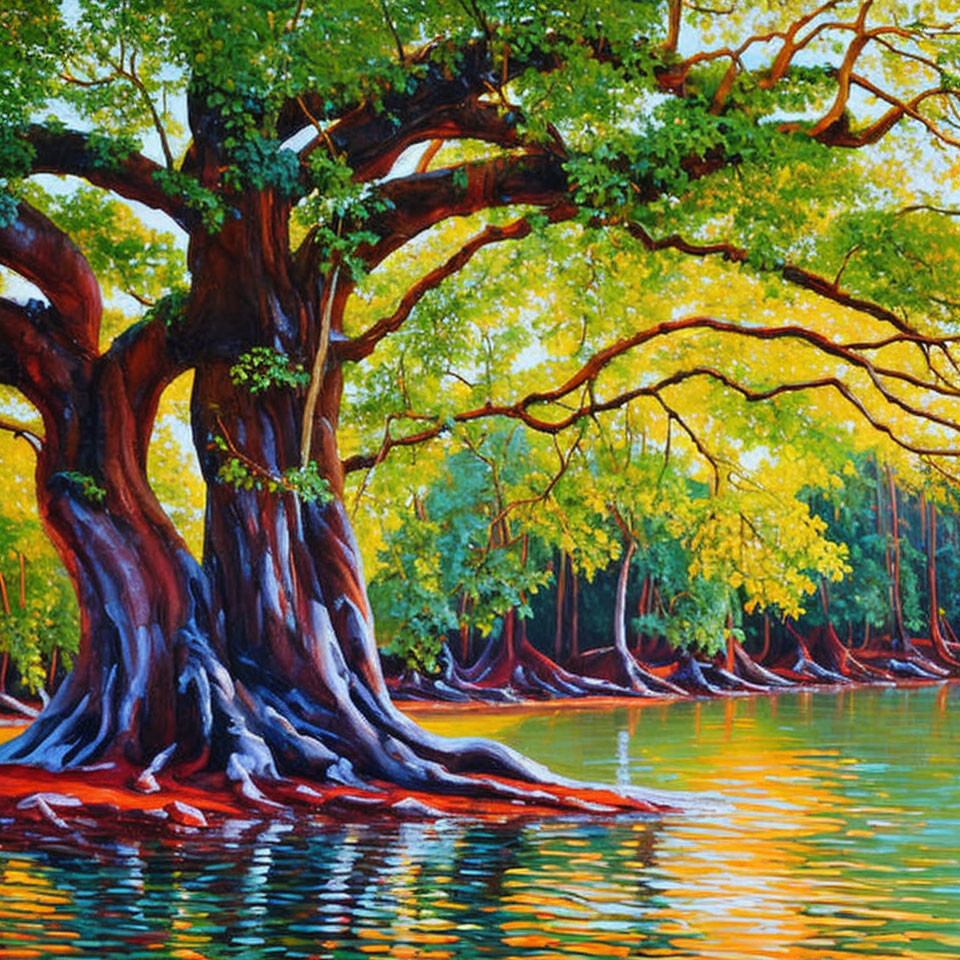 Vivid painting of large tree by tranquil water in autumn forest