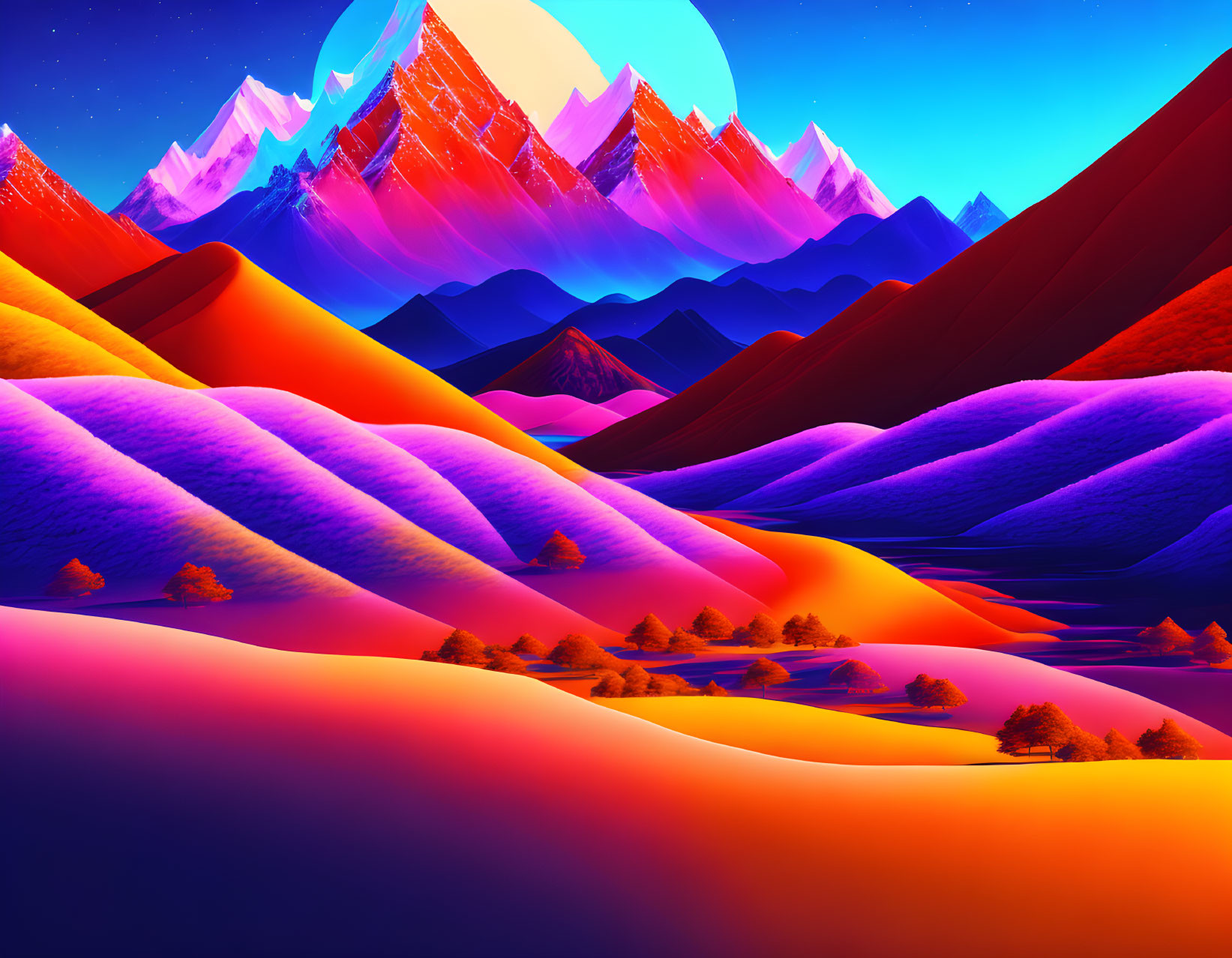 Neon-colored digital art landscape with rolling hills and mountains