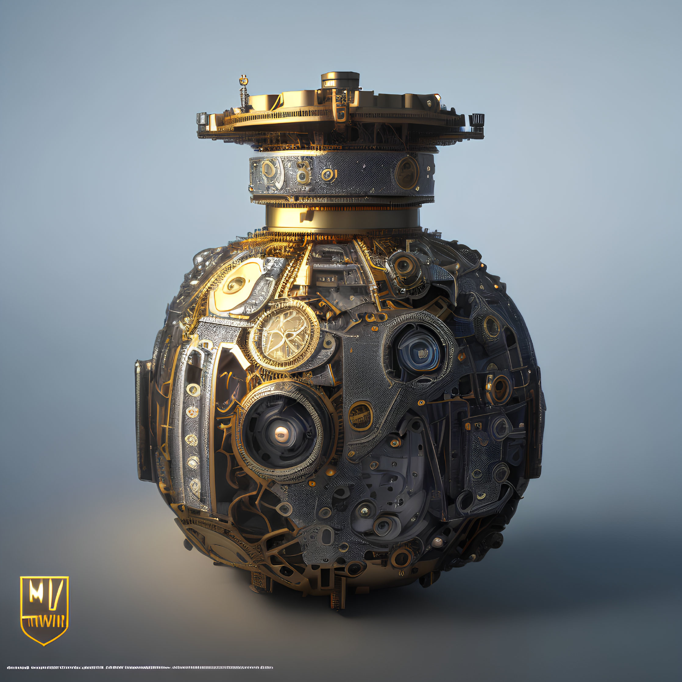 Detailed 3D rendering of spherical steampunk object with mechanical gears, pipes, and metallic textures