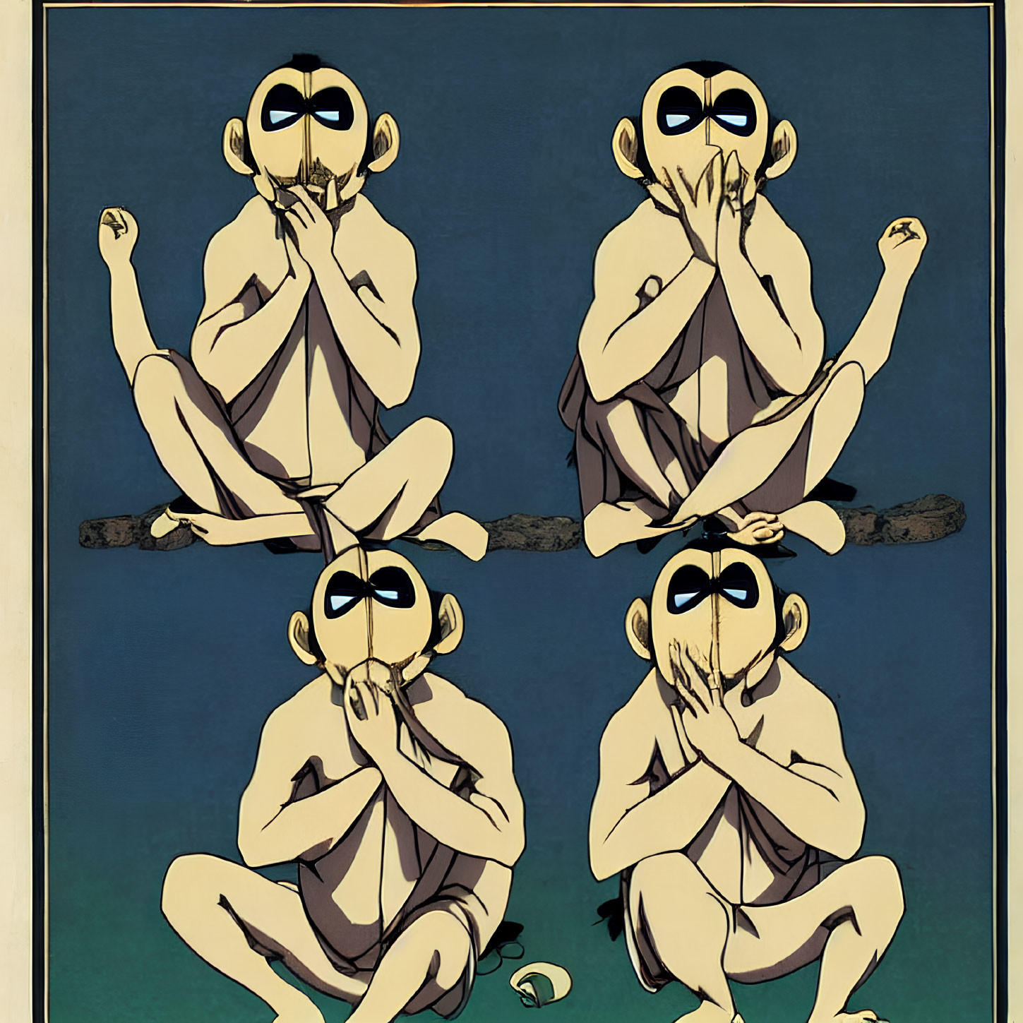 Stylized cartoonish figures of modern twist on "see no evil, hear no evil, speak