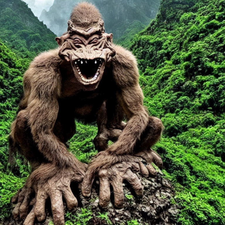 Giant ape-like creature with sharp teeth in mountain landscape