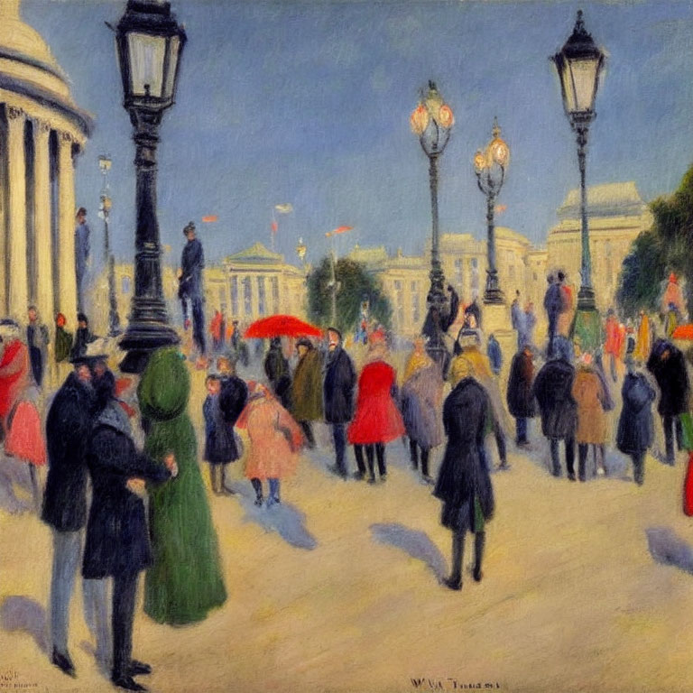 Impressionist painting of a city scene with elegant figures and classic architecture