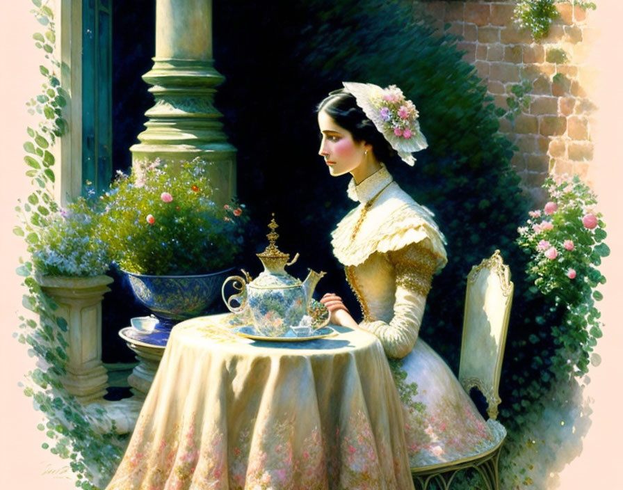 Vintage-dressed woman at table with teapot in lush greenery.